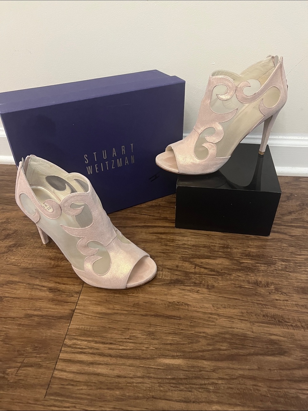 Stuart Weitzman Blush Pink Suede Peep-Toe High Heel Booties